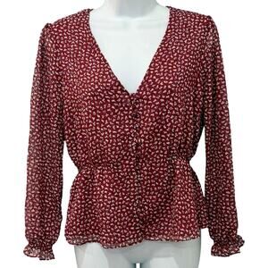 Madewell Red White Ditsy Flowers Overture Top Long Sheer Sleeve Blouse size XS